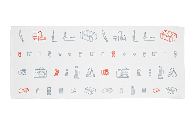 線画イラストでカメラやレンズが描かれている。一部のイラストは赤色が用いられている