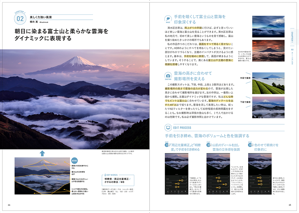 書籍「思い描いた世界観を表現する仕上げの技法 超絶レタッチ術」（弊社インプレス刊）より、橋向真さんのページ。デジタルカメラのレタッチを解説した書籍で、縦長の解説用画像は新鮮。