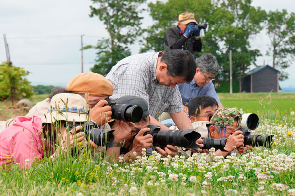 草花の前ボケと列車を狙う、ツアー参加者と中井精也。全員が衣類の汚れを気にしていない所に、本気度の高さが見て取れる。（写真は今年7月、北海道ツアーより）