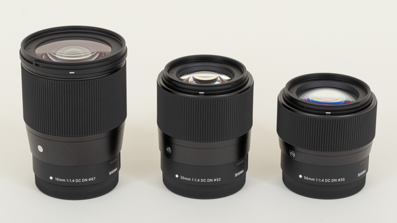 左からSIGMA 16mm F1.4 DC DN | Contemporary、SIGMA 30mm F1.4 DC DN、SIGMA 56mm F1.4 DC DN。
