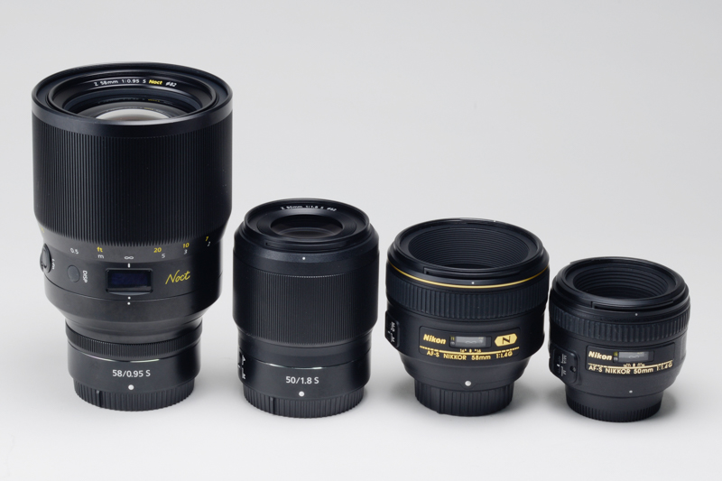 NIKKOR Z 58mm f/0.95 S Noct、NIKKOR Z 50mm f/1.8 S、AF-S NIKKOR 58mm f/1.4G、AF-S NIKKOR 50mm f/1.4G