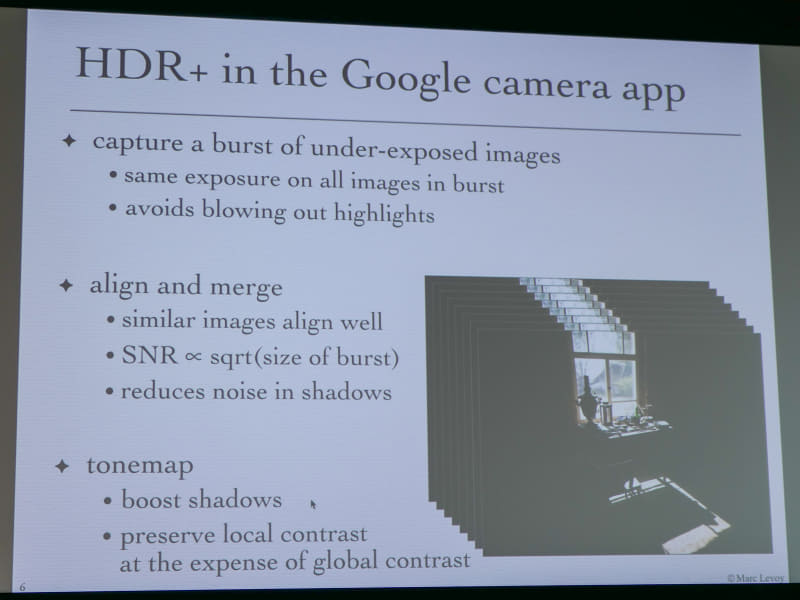 露出を変えずに連写した画像を合成するHDR+。