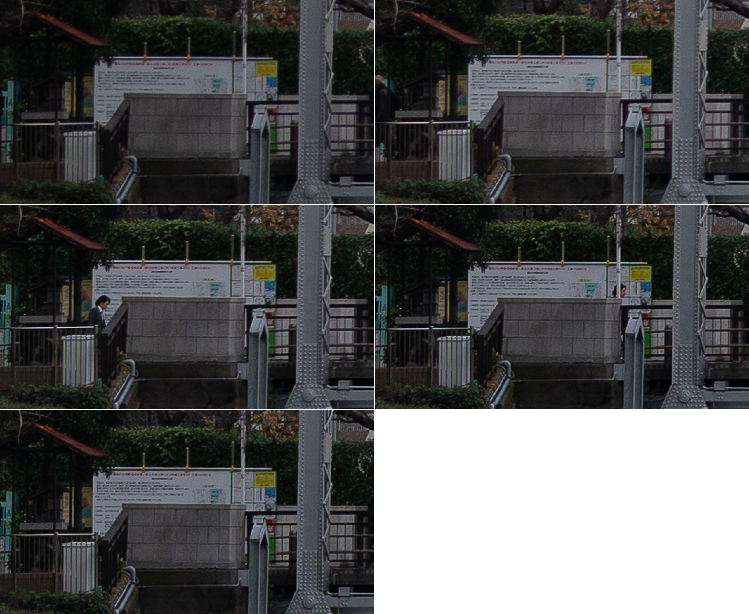 F0.95（左上）、F1.4（右上）、F2（左中）、F2.8（右中）、F4（左下）