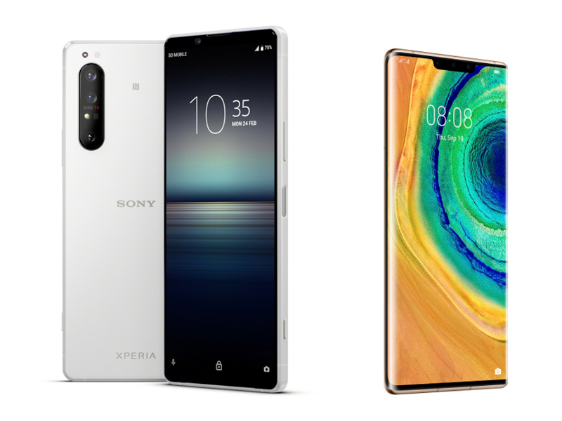 参考：5G対応スマートフォン。左がソニー「Xperia 1 II」、右はファーウェイ「HUAWEI Mate 30 Pro 5G」