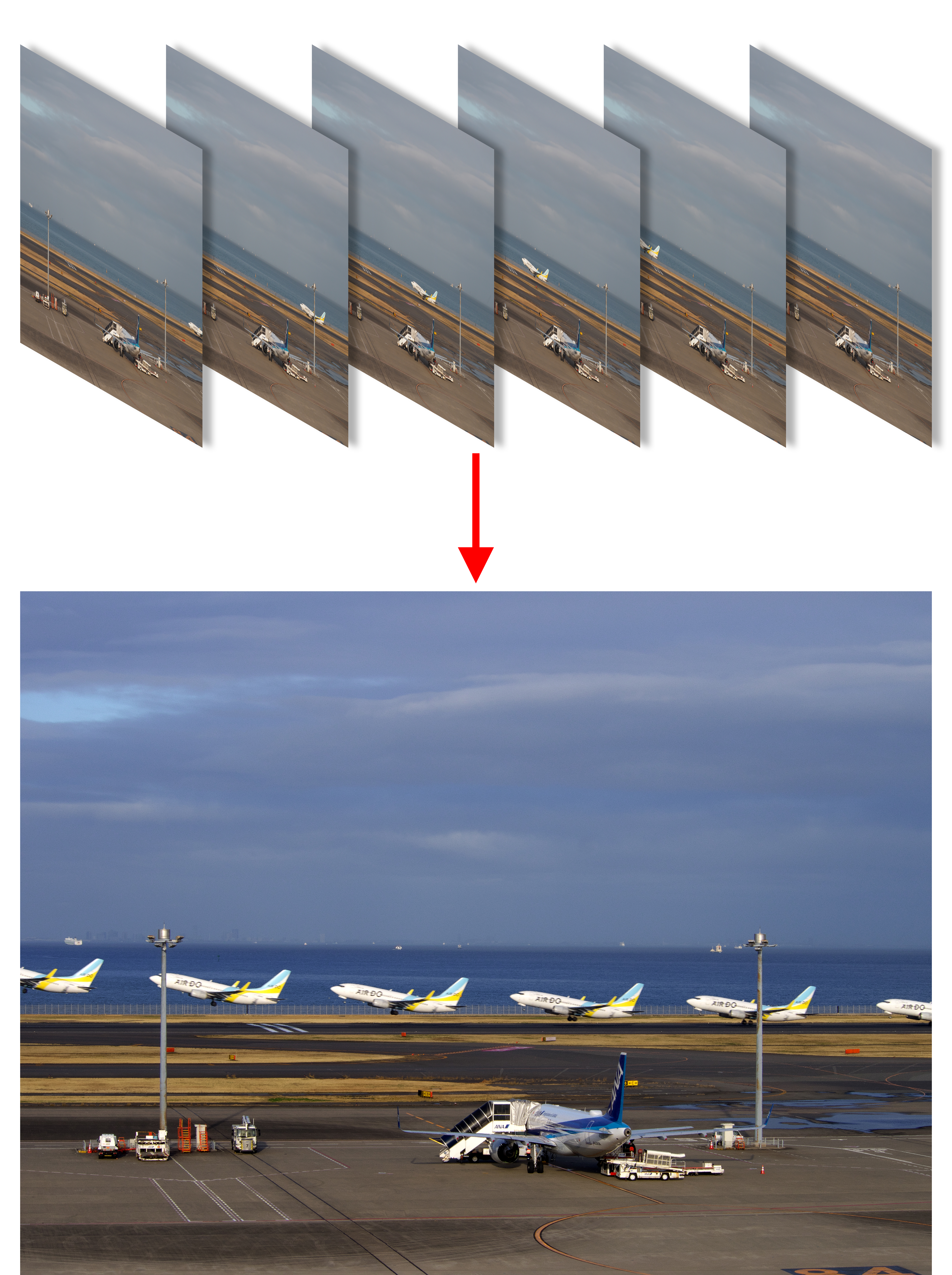飛行機が離陸する様子を6枚撮影して「ストロボモーション」で合成。RAWのまま合成できるため、その後の色調整もしやすい。