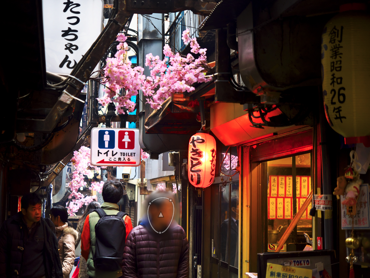 写り込んだ通行人の顔を「部分補正ツール」でぼかす。ほかにも、車のナンバーなどもこの方法で隠すことができる。部分的なぼかしを行うには、「部分補正ツール」サブコントロールで部分補正の範囲を作り、「ぼかし」タブにある「ぼかし」スライダーでボケの大きさを調整する。