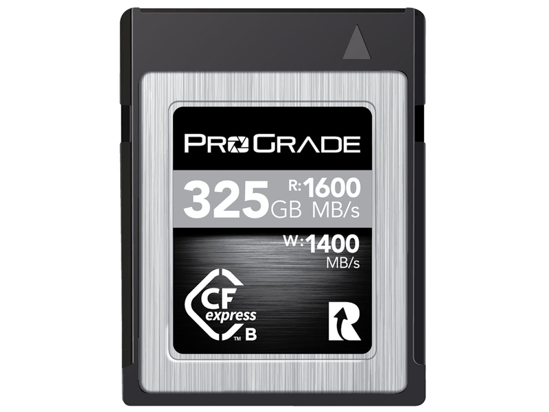 COBALTカード325GB。リード・ライト性能は最大読出速度が1,600MB/秒、最大書込速度は1,400MB/秒。最低継続書込速度では1,300MB/秒を実現している