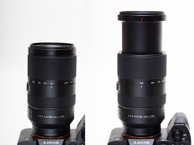左がズーム最短焦点距離の70mm、右が望遠端の350mm。最大繰り出し量は約50mmほど