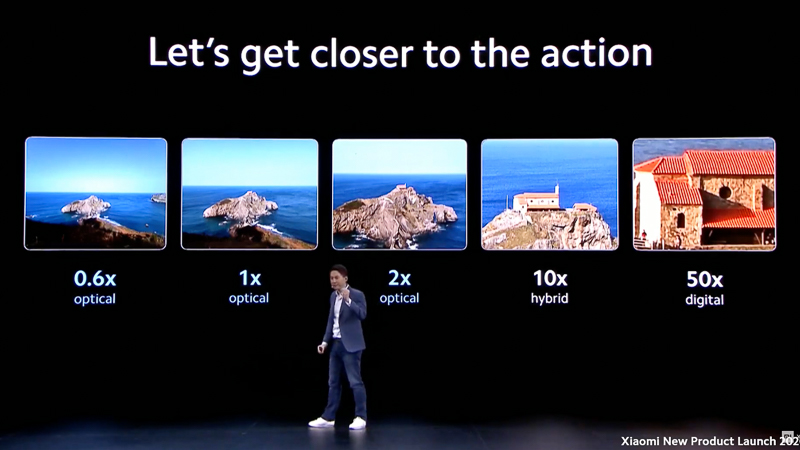 画角変化のイメージ。デジタルズームとの併用で"50倍ズーム"としている。望遠カメラを備えるのはMi 10 Proのみ。