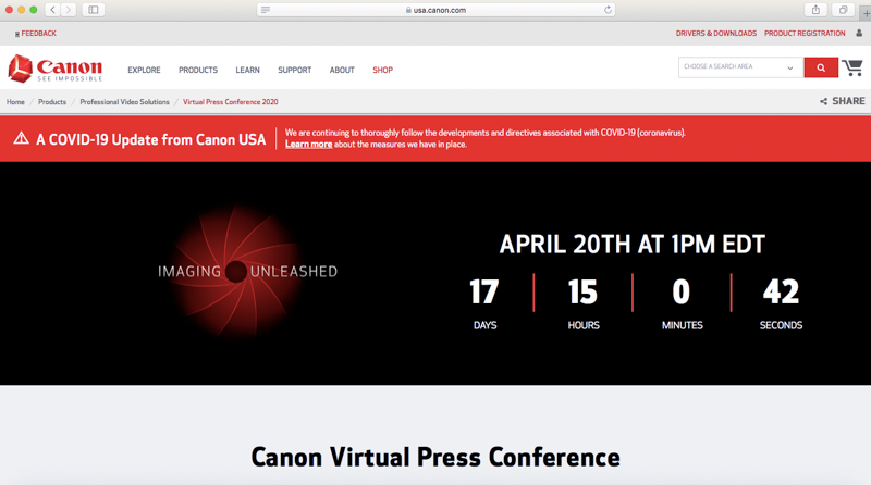 キヤノンUSAバーチャルプレスカンファレンス告知ページ