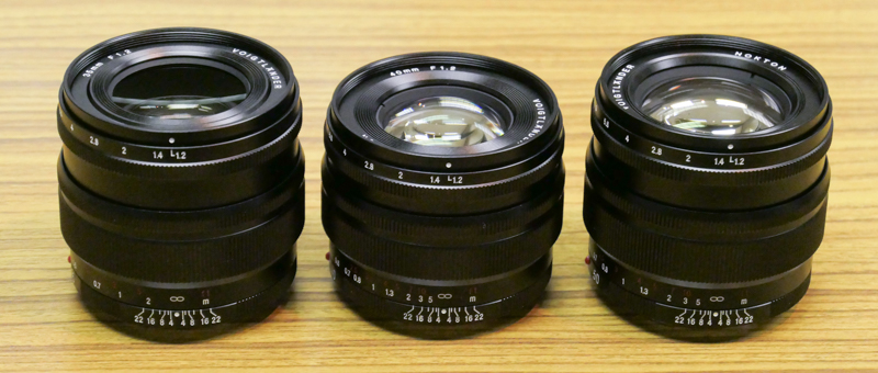 左から、NOKTON 35mm F1.2 Aspherical SE E-mount、NOKTON 40mm F1.2 Aspherical SE E-mount、NOKTON 50mm F1.2 Aspherical SE E-mount