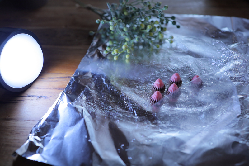 上の状況カット。照明はサイド光よりもやや後ろから当てる。近すぎるとコントラストが付きすぎてしまうので注意。チョコレートが入っていたビニールをレンズの前に持っていくと、ソフトフォーカスのようになる