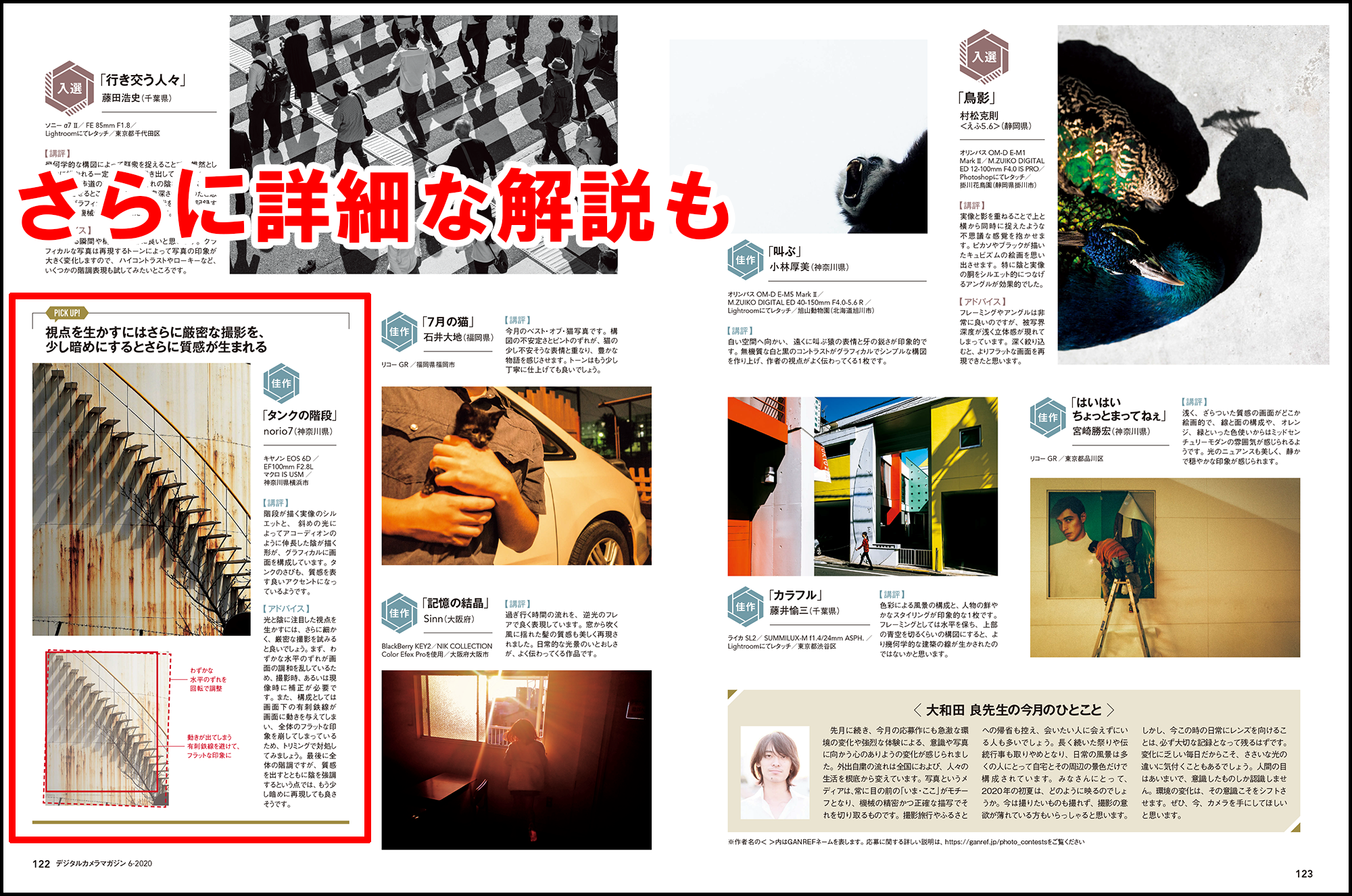 デジタルカメラマガジン2020年6月号よりデジタルフォト部門の入賞結果ページ。講評に加え、こうすればもっと良くなるといった選者からのアドバイスが掲載されています。選者は大和田良さん。