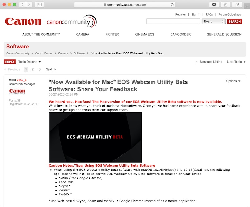 Canon U.S.A.のフォーラム「<a href="https://community.usa.canon.com/t5/Software/Now-Available-for-Mac-EOS-Webcam-Utility-Beta-Software-Share/m-p/307778" class="n" target="_blank">*Now Available for Mac* EOS Webcam Utility Beta Software: Share Your Feedback</a>」より。