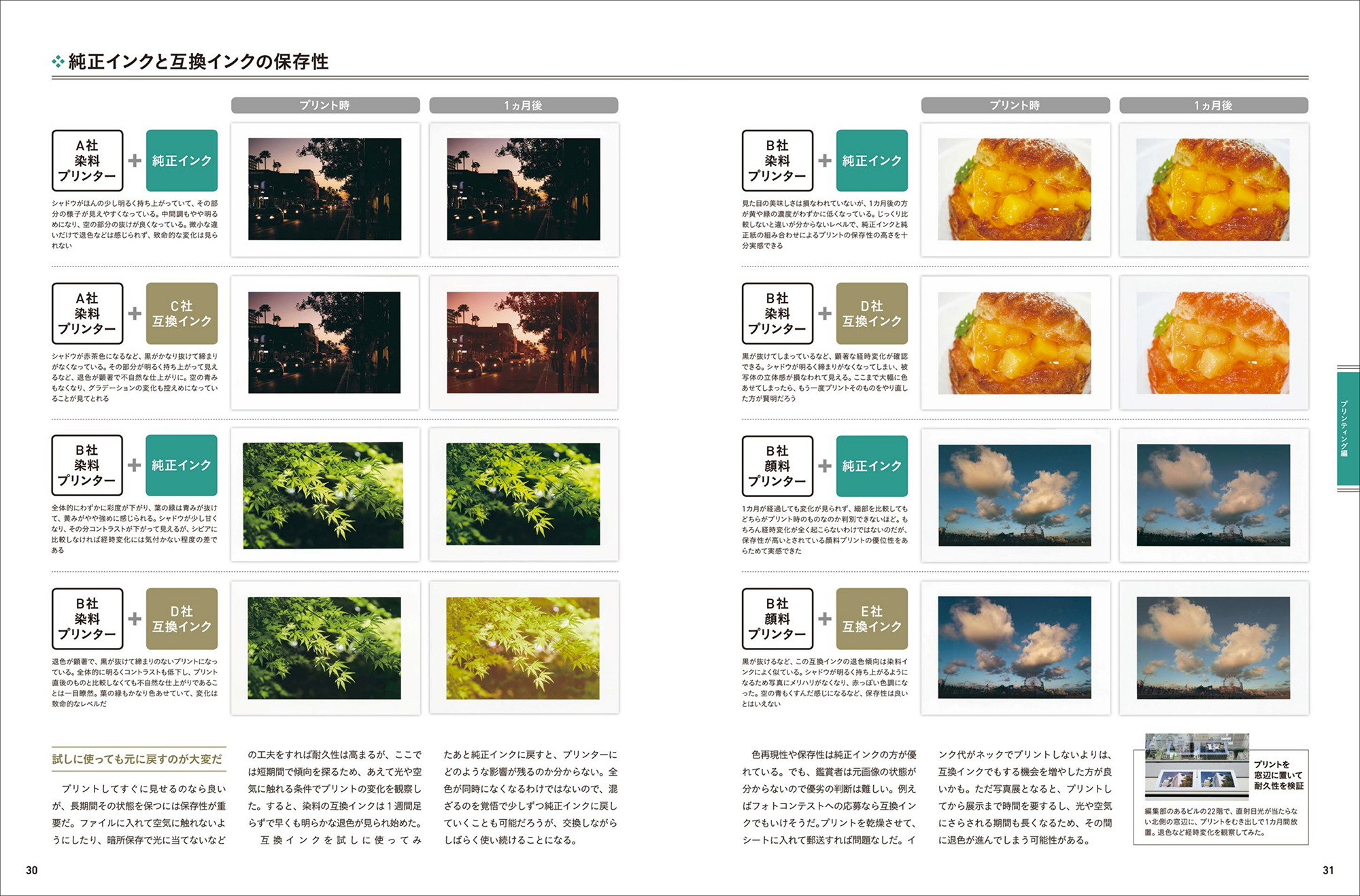 <font color=gray>ムック「プリントすると写真が上手くなる」28〜31ページより</font><br>　<br><span class="fnt-120">互換インクはキャップを開けるとインクがあふれ出たり、インク残量がきちんと表示されなかったり、インクカートリッジが認識されずに使えないことがありました。互換インクの使用がプリンターにどのような影響を及ぼすのか分かりませんが、純正インクと同様の使用感が得られないなどいろいろ覚悟が必要です。純正インクに戻す場合も、全色が同時になくなるわけではないので、混ざるのを覚悟して少しずつ替えていくか、思い切って全部取り替えることになります。</span>