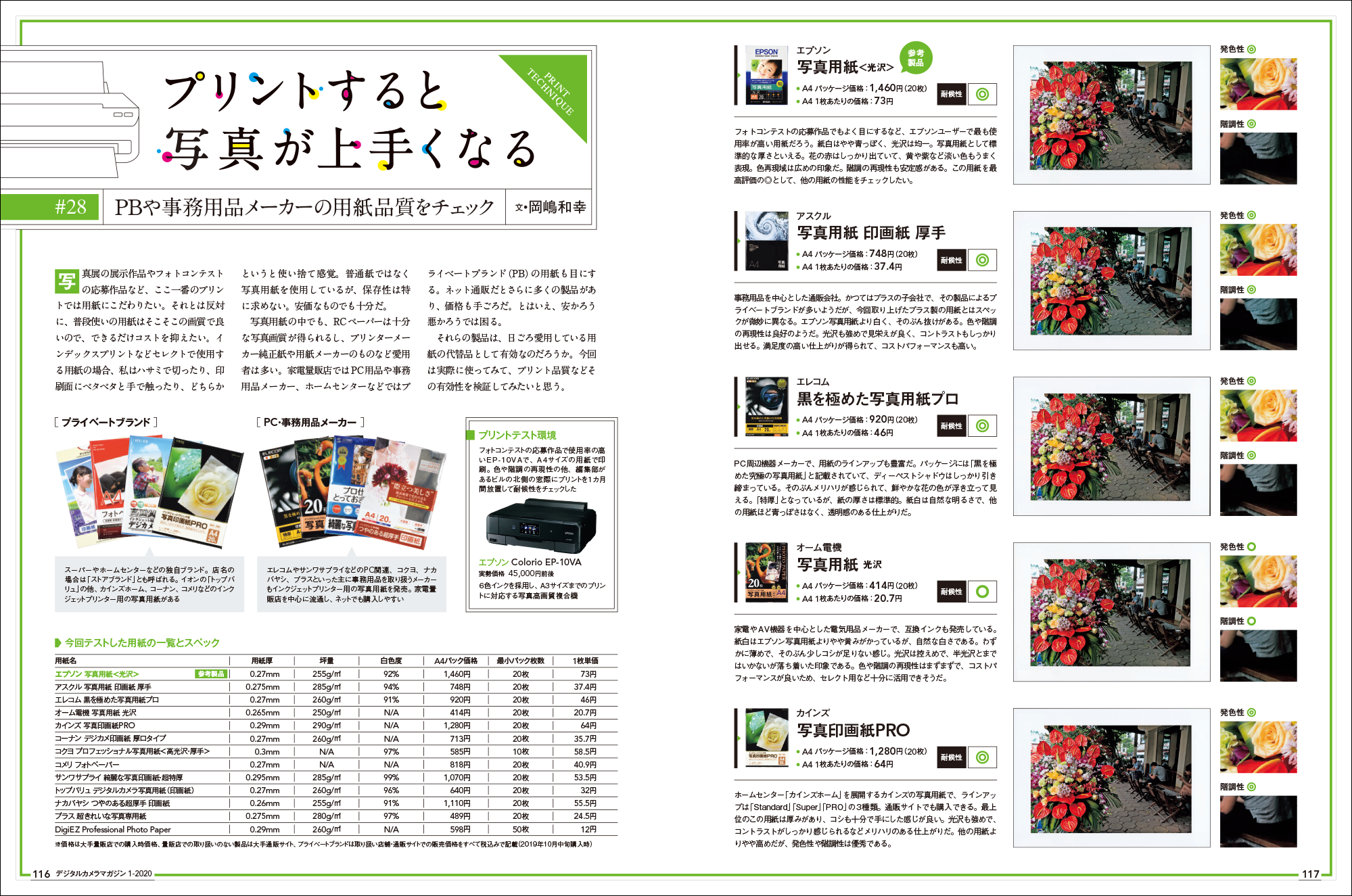 <font color=gray>デジタルカメラマガジン「プリントすると写真が上手くなる」2020年1月号116〜119ページより</font><br>　<br><span class="fnt-120">色や階調の再現性はフォトコンテストの応募作品のプリントに必要十分のクオリティーで、コストパフォーマンスに優れている点が魅力です。耐候性についてもどの用紙も優秀で、これは純正インクを使用しているからだと思われます。長期保存を考えると情報不足で少し不安ではありますが、フォトコンテストの応募作品としては問題ないレベルでしょう。積極的に試してみても良いと思います。</span>
