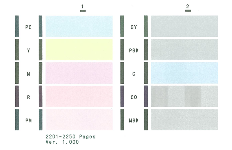 <span class="fnt-120">ノズルチェックパターンの印刷を、プリントを始める前の習慣にしましょう。ノズルの目詰まりが確認できたら、プリントヘッドのクリーニングを行います。たくさんプリントしていると途中で目詰まりしてくることもあるので、20〜30枚に1回くらいの割合でノズルチェックを実行すると安心です。プリントヘッドが用紙の表面で擦れてスジが入るケースもあります。この場合はプリンタードライバの設定を変えて改善しましょう。</span>
