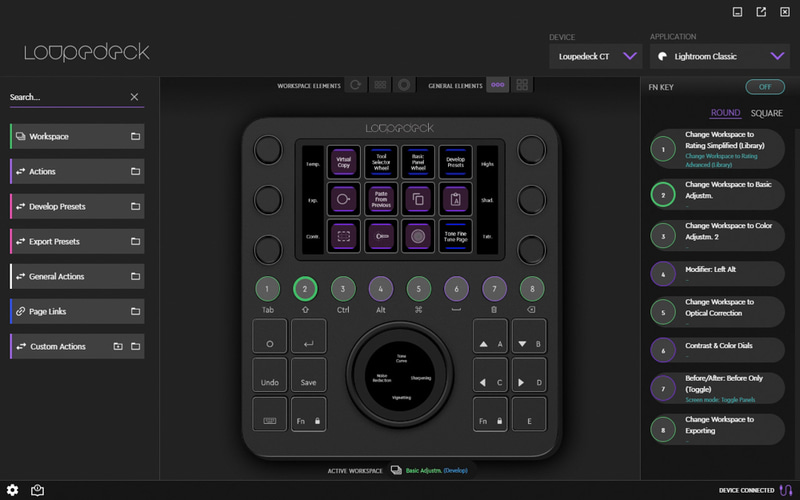 左のパネルで設定したい項目を選択し、中央にドラッグ＆ドロップで設定。右側には設定されている機能が表示される