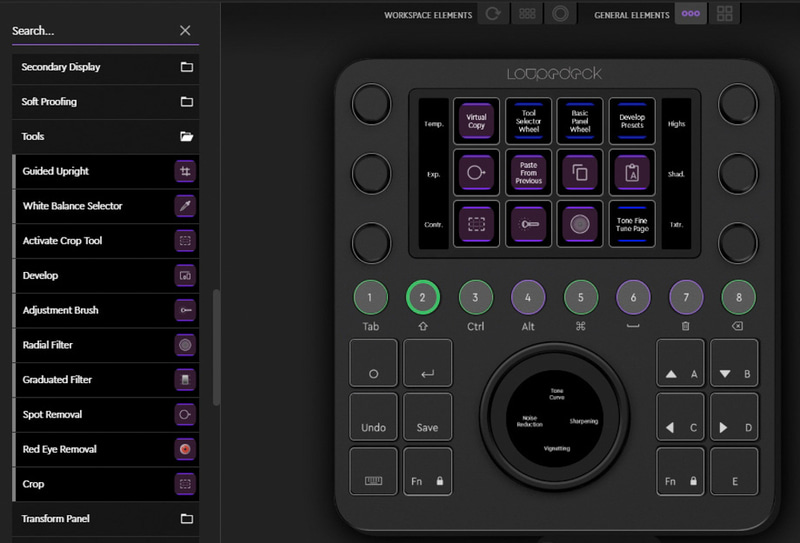 Lightroom側の機能のほとんどに対応しているほか、主要なものにはアイコンが付いている。一般的なキーボードショートカットを登録したり、マウス操作やディレイなどを設定する事もできる
