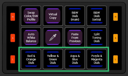 デフォルトプリセットでは緑で囲った4つのPageを切り換えながらレッド～マゼンタまで8つの色を切り換えながら作業する。これはレッドとオレンジ調整用のPageだ