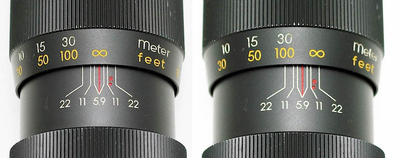 MF時代、ほとんどの交換レンズには赤外"R"指標が刻まれていました。左：∞位置にピントを合わせた。右：赤外撮影位置に∞位置をずらした。このレンズはわかりやすいようにとタムロン200mm F5.9（1965年）ですが、撮影時にはF11を超え、F16程度に絞り込めば焦点深度内に入り補正は不要となるわけです。