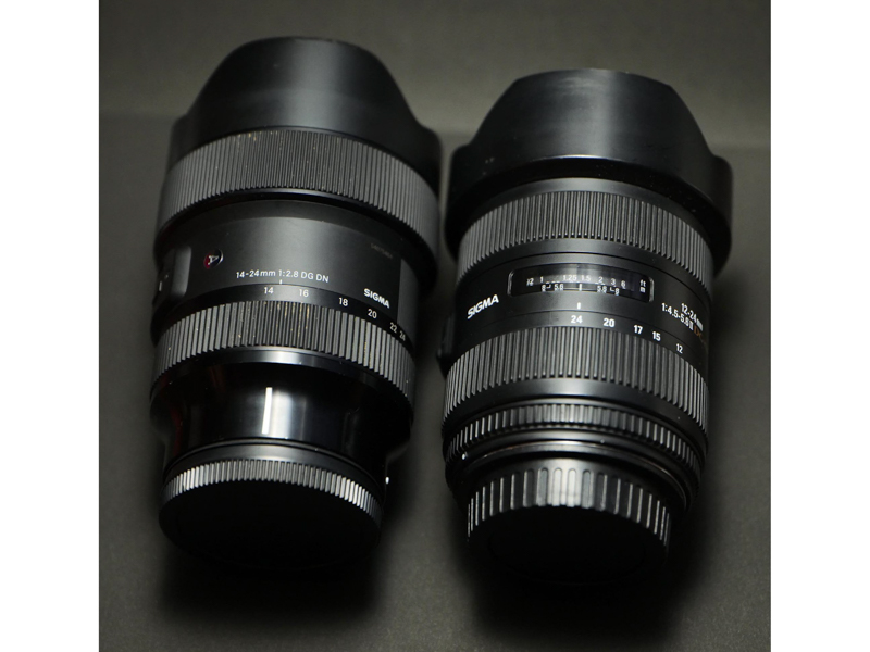右がSIGMA 12-24mm F4.5-5.6 II DG HSM（EFマウント用）。形状は似ているが、マウント部に向かって絞られたデザインがいい