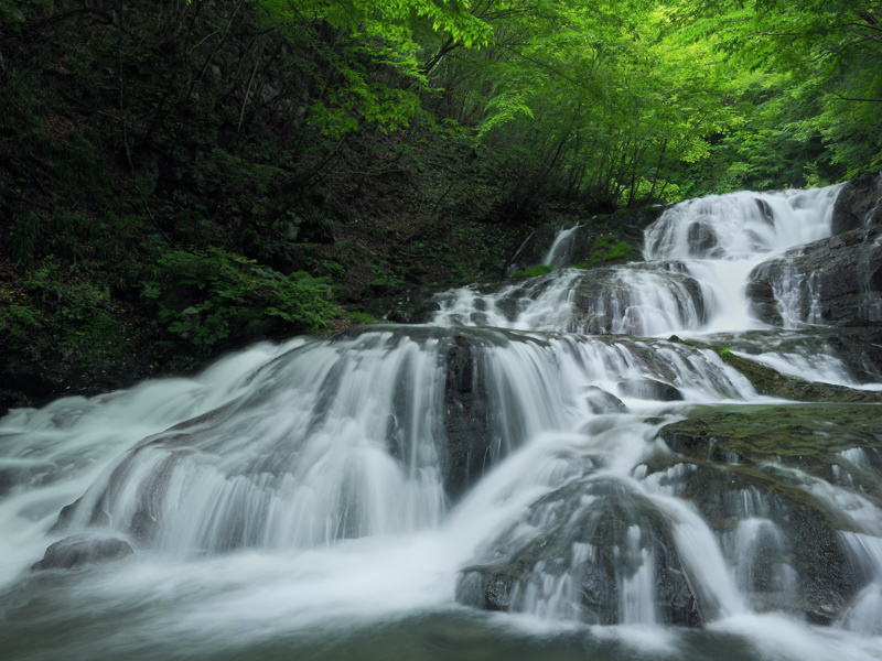 3段の流れが美しい魚止めの滝。幅広の黒い岩盤を滑り落ちていく水の流れが、周囲の緑に良く映える。レンズの色乗りも良く、見た目に忠実な緑色を表現できた。<br><span class="fnt-85">OM-D E-M1 Mark II / M.ZUIKO DIGITAL ED 12-40mm F2.8 PRO / 12mm（24mm相当） / 絞り優先AE（F8、1/6秒、-1.3EV） / ISO 200 / WB:オート</span>