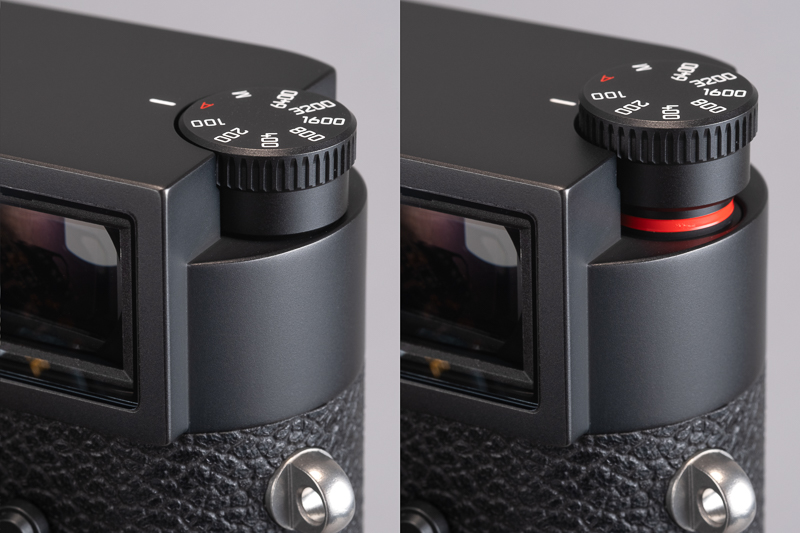 フィルム巻き戻しノブを模したISO感度ダイヤルは1段引き上げて操作する。引き上げたままでも数値はアサインされるので、1カットだけ感度を上げて撮りたいなんていうときはいちいち下げる必要はない。