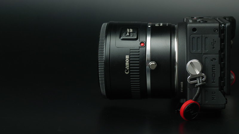 手持ちで最もコンパクトなEFレンズ「EF50mm F1.8 II」を取り付けた。フードを入れれば45mm F2.8 DG DNと似たようなサイズ。