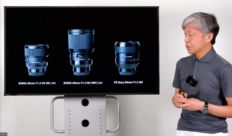 レンズのサイズ比較、左から「SIGMA 85mm F1.4 DG DN｜Art」「SIGMA 85mm F1.4 DG HSM | Art」「SONY FE 85mm F1.4 GM」（8月6日配信の「SIGMA STAGE Online」より）