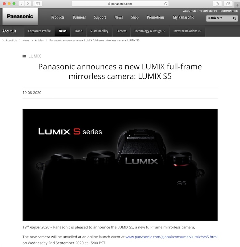 <a href="https://www.panasonic.com/uk/corporate/news/articles/panasonic-announces-a-new-lumix-full-frame-mirrorless-camera-lumix-s5.html" class="n" target="_blank">Panasonic UK & IrelandのWebサイト</a>より