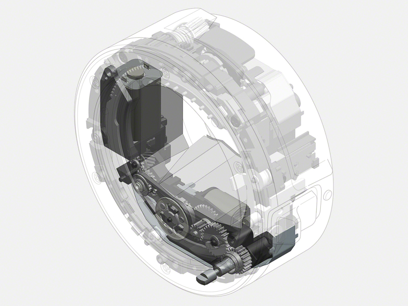 内部機構のイメージ図。下側の色の濃い部分がAF駆動ユニット。上側の色が薄い部分は絞り駆動ユニット。