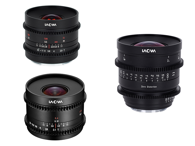 「9mm T2.9 Zero-D Cine」（左上）、「7.5mm T2.1 Cine」（左下）、「15mm T2.1 Zero-D Cine」（右）