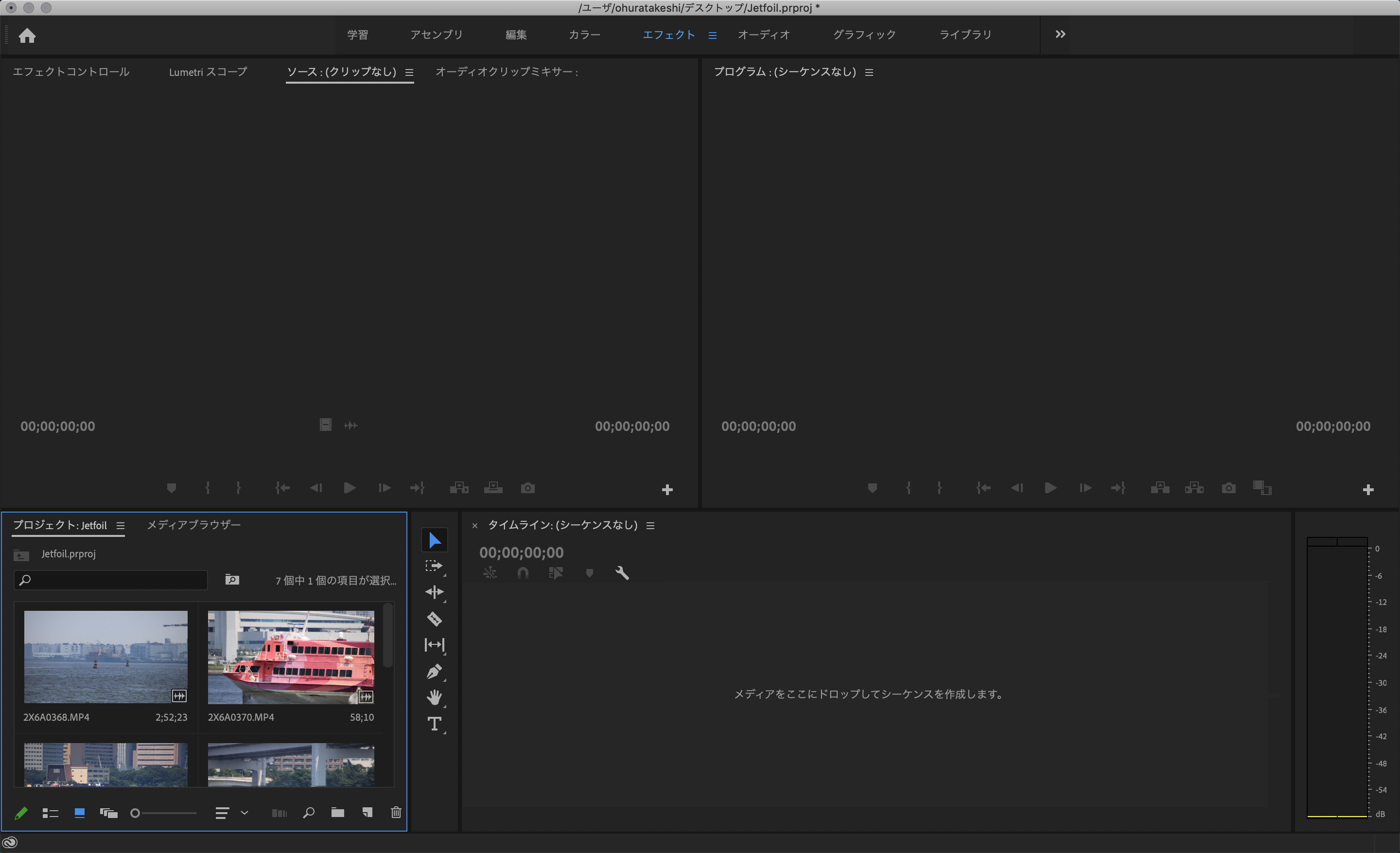 クリップの取り込みが完了した状態。プロジェクトパネルにサムネールが表示されている
