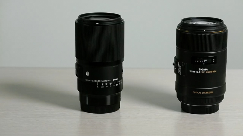 左がミラーレス専用の新レンズ「105mm F2.8 DG DN MACRO｜Art」。右は一眼レフ用の「MACRO 105mm F2.8 EX DG OS HSM」。