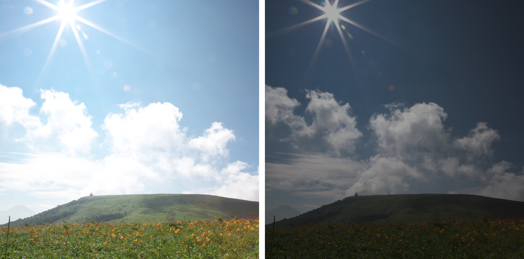 白とびしているRAW画像（左）に対して、Developer Studio Proの「露出補正」機能で「-3.0」補正を実行（右）。補正前は見えなかった雲の濃淡が復元されている。