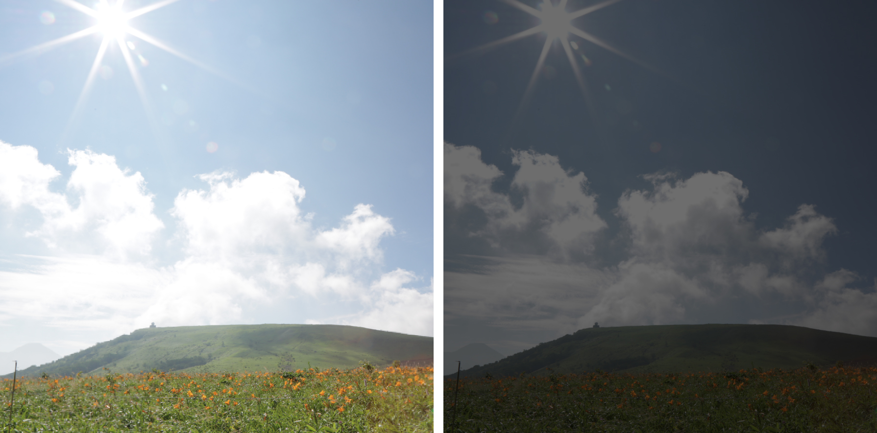 上の写真と同時撮影したJPEG（左）に対して、JPEG Photographyの「露出補正」機能で「-3.0」補正を実行（右）。雲の白とびしている部分は、平坦なまま暗くなった状態。