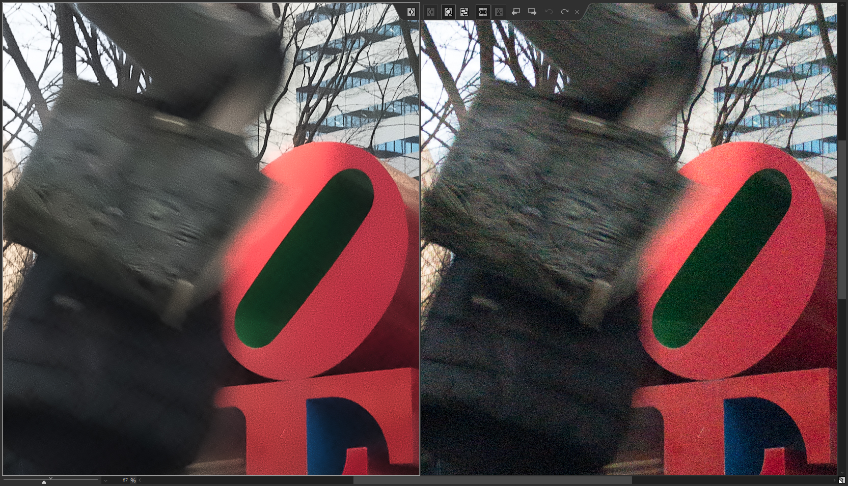 JP10（＝SILKYPIXシリーズ）のノイズリダクションは、あらゆるソフトの中でもトップクラスに高品位。作例は、あえて超高感度で撮影してノイズまみれにした意地の悪いカット（右）だが、細い木の枝の繊細なディテールを完璧に維持したまま、画的に違和感のないレベルまでノイズを軽減（左）。ブレている部分の模様の再現性を見れば、そのクオリティが分かるはず。