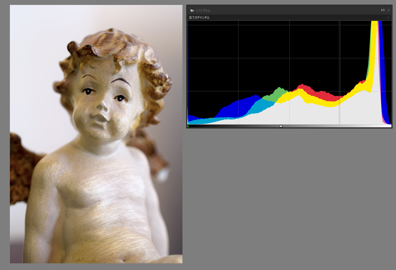 「ハイライトコントローラ」でハイライトに粘りを出す。これにより、前の段階で白とびしていた部分がソフトな質感に改善され、ヒストグラムの右端も滑らかに収束する。JPEGでもこのクオリティが出せるのがJP10の凄さだ。