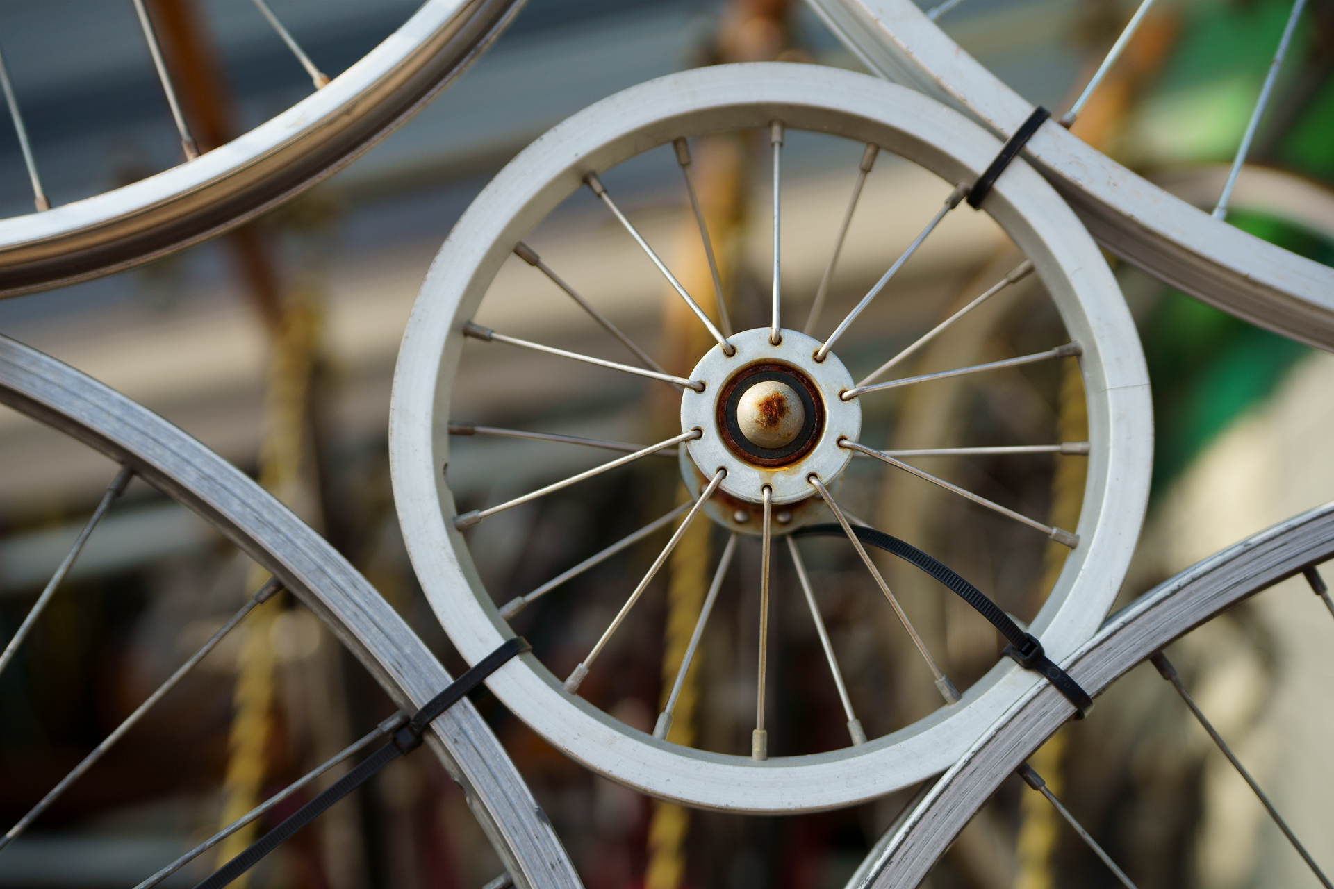 自転車の車輪を組み合わせたオブジェ。ズームをテレ端にして絞りを開いて、合焦点を浮き立たせようと考えてみました。画面周辺は少し画質が落ちますが気にならないですね。<br>α7C　28-75mm F2.8 SAM+LA-EA5（F3.5・1/1,600秒）ISO 200　75mm