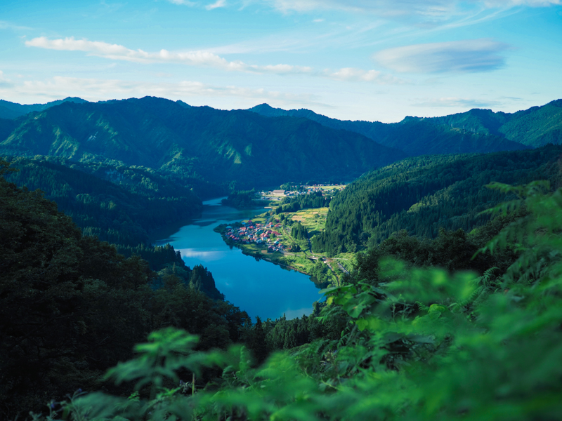山道を進むと、大志集落を望むこの場所にたどり着く。まるでスイスのような美しい情景だ。開放F1.2ながらも奥に見える家や山肌は正確に解像している<br><span class="fnt-85">OM-D E-M1 Mark III / M.ZUIKO DIGITAL ED 17mm F1.2 PRO / 17mm（34mm相当） / 絞り優先AE（F1.2・1/4,000秒、-0.3EV） / ISO 200 / WB:晴天</span>