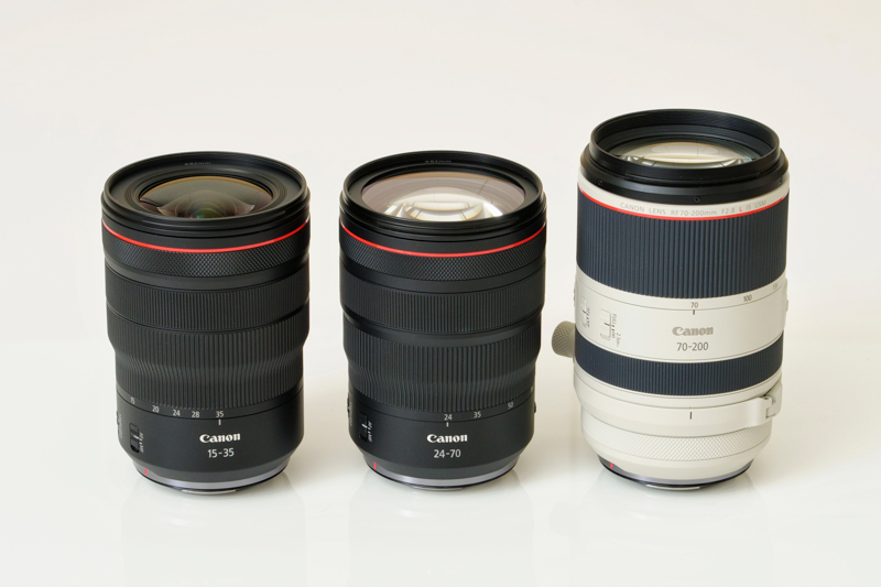 左から「RF15-35mm F2.8 L IS USM」「RF24-70mm F2.8 L IS USM」「RF70-200mm F2.8 L IS USM」。いわゆる大三元ズームがRFレンズで出揃った。