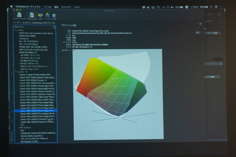 写真用紙・絹目調の色域表示。用紙によって再現できる色域が異なる。