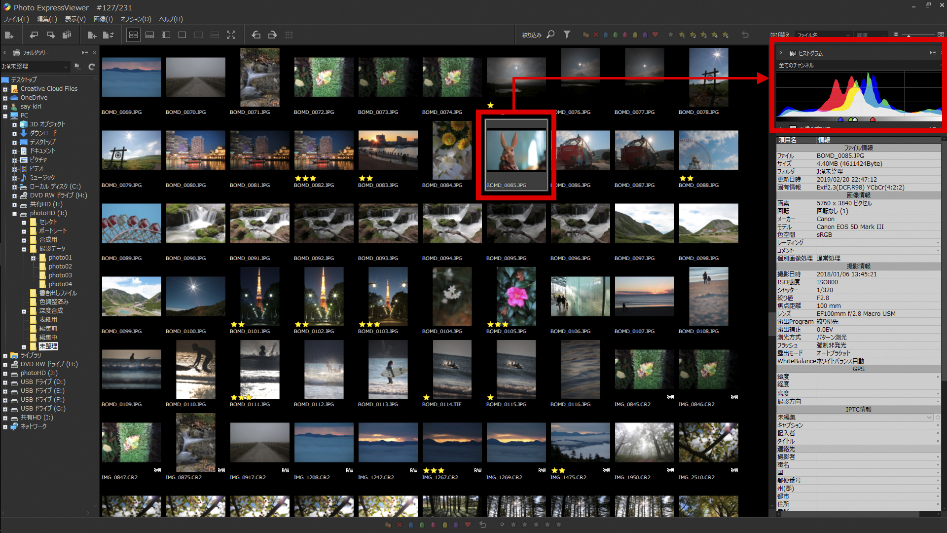 ヒストグラムがあれば、小さなサムネイルの状態でも露出や階調のつぶれが把握できる。素早くセレクトを進める上で、とても大切な機能だ