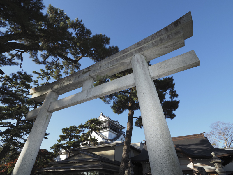 画面手前に鳥居を大きく配置して、奥に岡崎城を入れて撮影。直線がゆがむことなく、忠実に再現されている。中央から周辺までの画質も良好だ<br><span class="fnt-85">OM-D E-M1 Mark III / M.ZUIKO DIGITAL ED 7-14mm F2.8 PRO / 9mm（18mm相当） / プログラムAE（F6.3、1/250秒、-0.3EV） / ISO 200 / WB:5,300K</span>