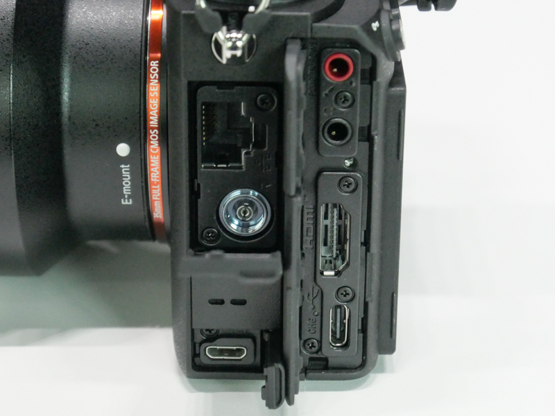 側面端子類。有線LAN、シンクロ端子、microUSBとUSB Type-C、HDMI Type A出力、マイク入力/ヘッドフォン出力がある。赤外線とBluetoothのワイヤレスリモコンにも対応。