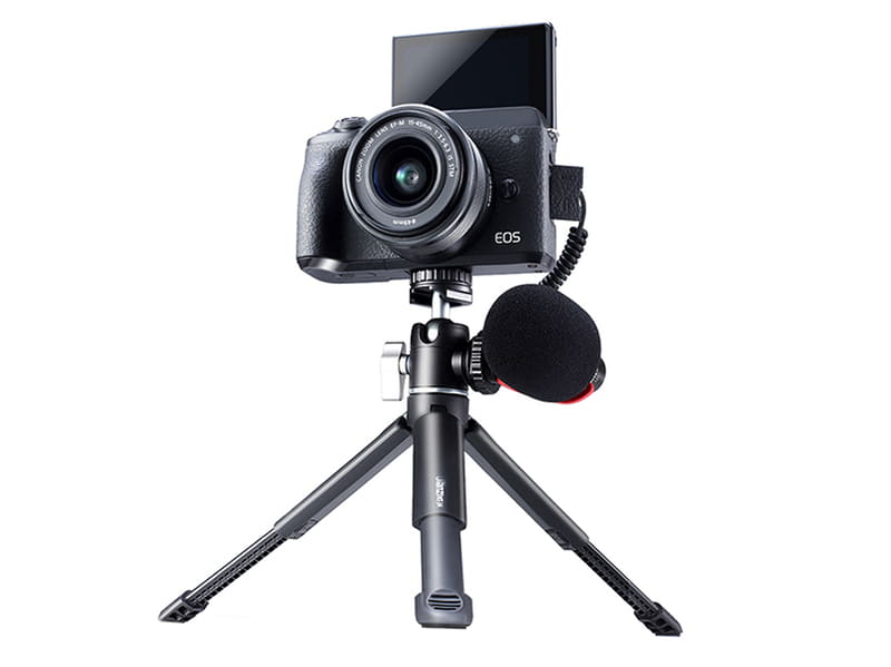 雲台側面のアクセサリーシューにマイクを固定した様子