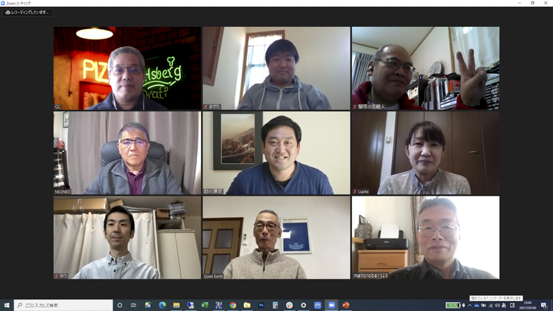 オンラインセミナー参加者の記念撮影。中央が講師の助川さん。GANREFメンバーは、上段左から、くにさん、まがたさん、闇夜の流離人さん、NEONEOさん、Lupitaさん、ゆうさん、Quiet Earthさん、まほろば1123さん