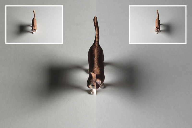 画面の右半分は「Nuada R3 II」の影。輪郭がソフトで影本体は色が薄く、とろけるように消えていくさまが美しい。左半分は「光の粒」が見えるライトの影。光が上手く拡散できず、ベタっと貼り付いたような色濃い色になり、なおかつエッジに向かって突然に薄くなるような質感