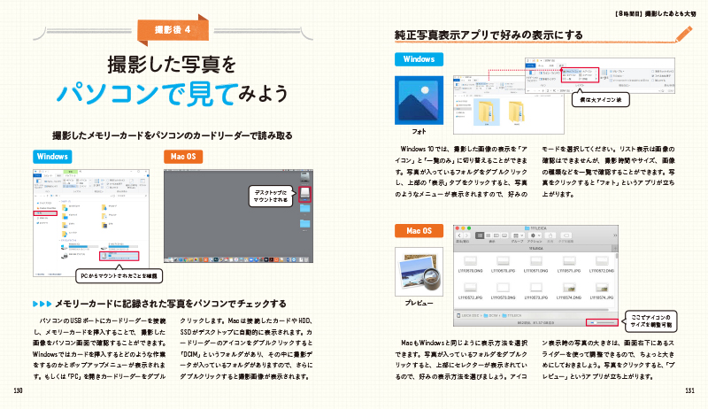写真に関わるパソコンの基本操作も紹介。他人に写真を送るまでの方法が掲載されている